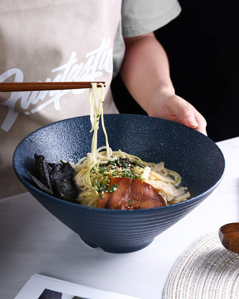 Kanwone Ceramic Japanese Ramen Bowl Set, Noodle Soup Bowls - 60 Ounce, with Matching Spoons and Chopsticks for Udon Soba Pho Asian Noodles, Set of 2, Navy - Image 4